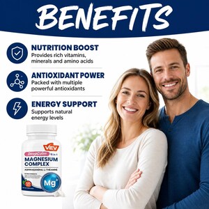 May include: A white bottle of VEV DeepCalm 15 in 1 Magnesium Complex supplement with 120 capsules. The label lists Ashwagandha and L-Theanine. Text highlights benefits including nutrition boost, antioxidant power, and energy support for the body.