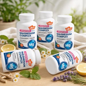 May include: Five white plastic bottles of DeepCalm 15 in 1 Magnesium Complex dietary supplement. Each bottle features a label with the VEV logo, text stating Ashwagandha and L-Theanine, and a blue circular icon with the Mg+ symbol.