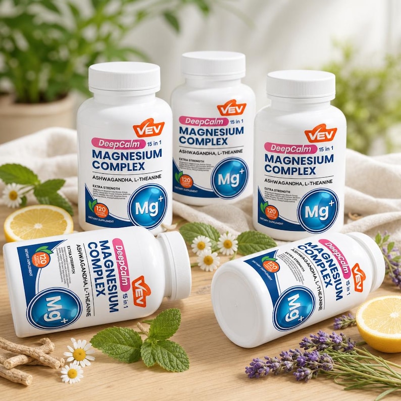 May include: Five white plastic bottles of DeepCalm 15 in 1 Magnesium Complex dietary supplement. Each bottle features a label with the VEV logo, text stating Ashwagandha and L-Theanine, and a blue circular icon with the Mg+ symbol.