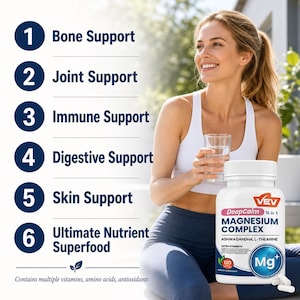 May include: A white plastic bottle of VEV DeepCalm 15 in 1 Magnesium Complex dietary supplement with 120 capsules. The label features text listing benefits including bone, joint, immune, digestive, and skin support, plus nutrient superfood.