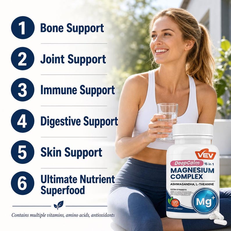 May include: A white plastic bottle of VEV DeepCalm 15 in 1 Magnesium Complex dietary supplement with 120 capsules. The label features text listing benefits including bone, joint, immune, digestive, and skin support, plus nutrient superfood.