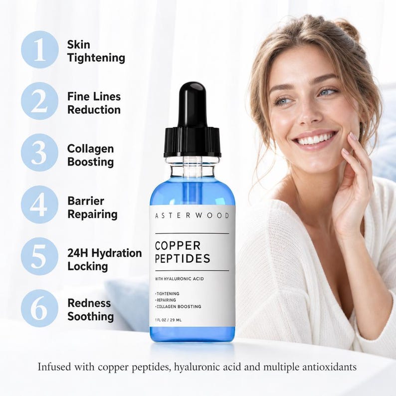 May include: A clear glass bottle of Asterwood Copper Peptides serum with a black dropper cap. The label lists Copper Peptides with Hyaluronic Acid and 1 fl oz / 29 ml. A numbered list highlights skin benefits including tightening and hydration.