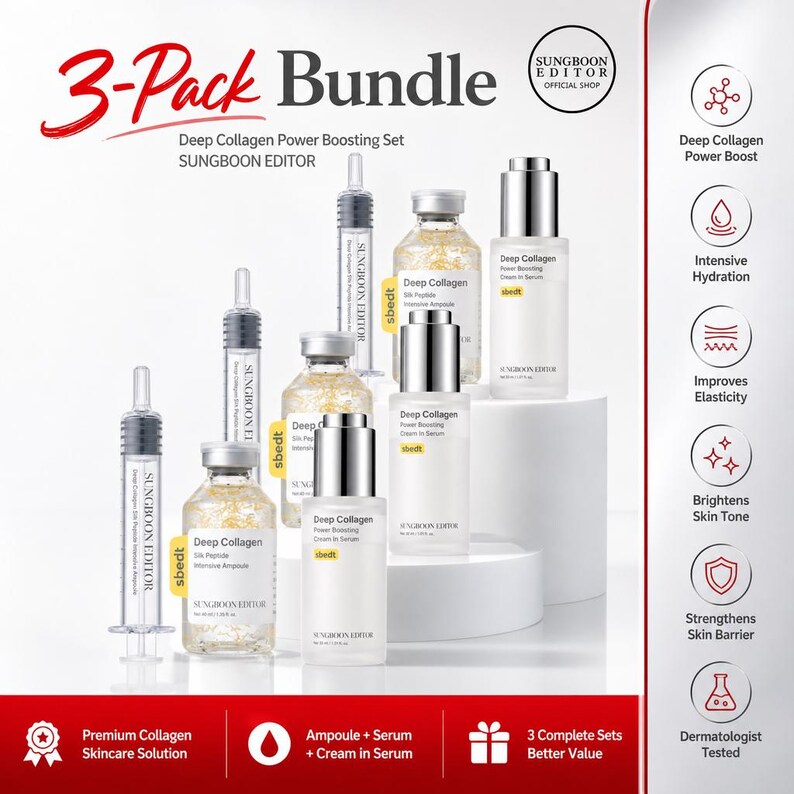 May include: A 3-pack bundle of Sungboon Editor Deep Collagen Power Boosting skincare products, including glass ampoule bottles with gold flakes, syringe-style applicators, and serum bottles with silver caps, all labeled with product names.