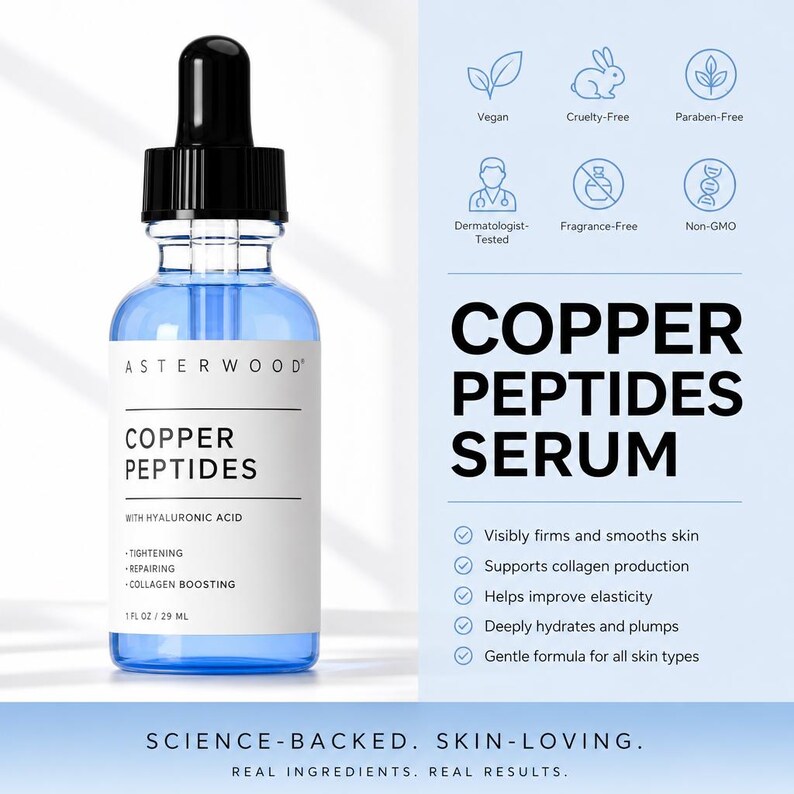 May include: A clear glass dropper bottle of Asterwood Copper Peptides serum with hyaluronic acid, 1 fl oz / 29 ml. The label lists tightening, repairing, and collagen boosting. The right side displays icons for vegan, cruelty-free, paraben-free, dermatologist-tested, fragrance-free, and non-GMO status.
