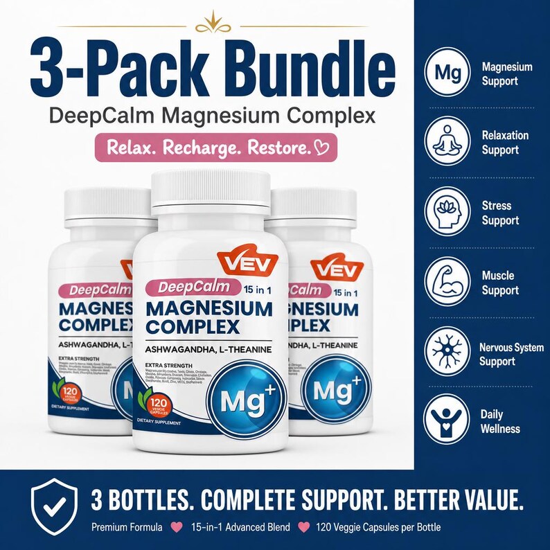 May include: A 3-pack bundle of DeepCalm Magnesium Complex dietary supplement bottles. Each white bottle features a label with the text 15 in 1, Magnesium Complex, Ashwagandha, L-Theanine, and a blue Mg+ icon. Includes 120 veggie capsules per bottle.