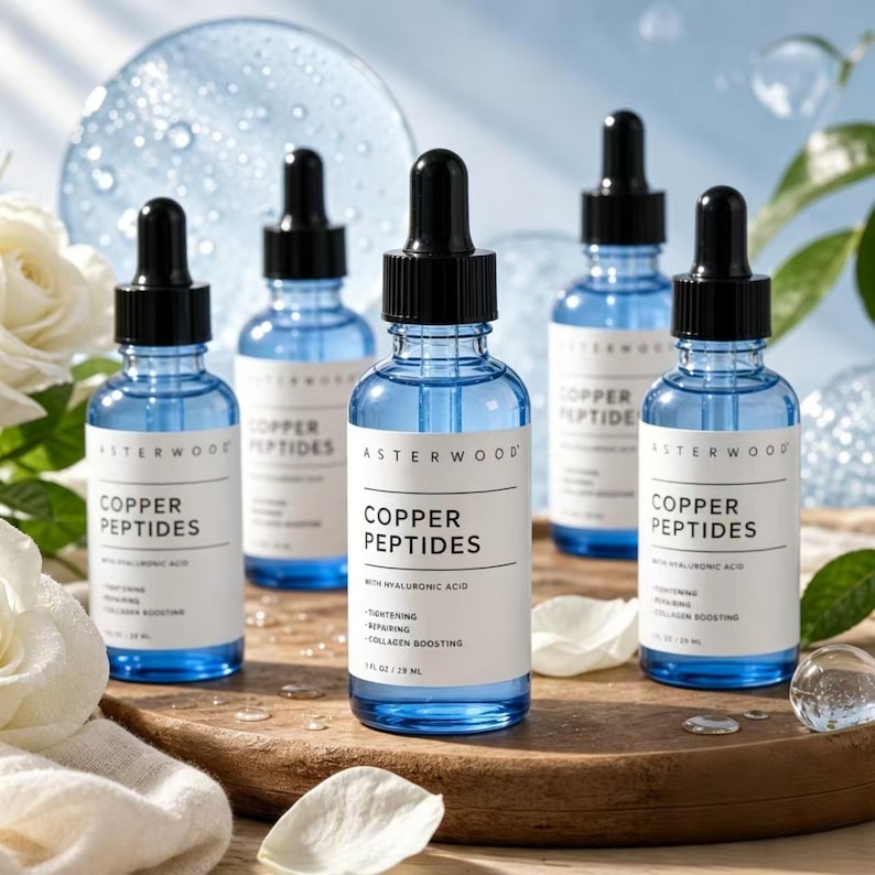 May include: Five blue glass dropper bottles labeled Asterwood Copper Peptides with Hyaluronic Acid, 1 fl oz / 29 ml. Each bottle features a black dropper cap, white label with black text, and is arranged on a wooden surface with white flowers.