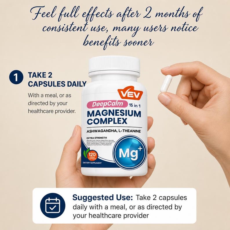 May include: A white plastic bottle of VEV DeepCalm 15 in 1 Magnesium Complex dietary supplement with 120 capsules. The label features text including Ashwagandha, L-Theanine, and Extra Strength. Text states: Take 2 capsules daily with a meal.