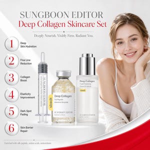 May include: A Sungboon Editor Deep Collagen Skincare Set featuring a syringe-style applicator, a glass bottle of Deep Collagen Silk Peptide Intensive Ampoule, and a bottle of Deep Collagen Power Boosting Cream In Serum with text.