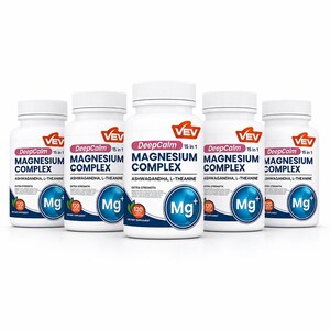 May include: Five white plastic bottles of DeepCalm 15 in 1 Magnesium Complex dietary supplement. Each bottle features a red VEV logo, blue text, and a circular graphic with the letters Mg+ and the number 120, indicating 120 capsules.