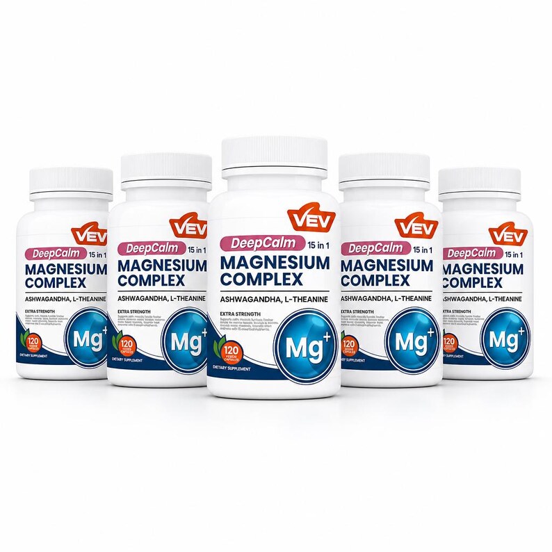 May include: Five white plastic bottles of DeepCalm 15 in 1 Magnesium Complex dietary supplement. Each bottle features a red VEV logo, blue text, and a circular graphic with the letters Mg+ and the number 120, indicating 120 capsules.