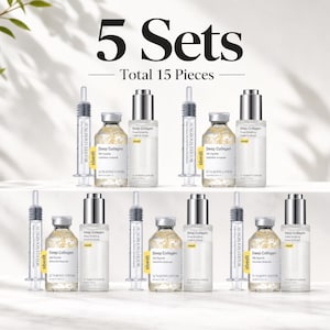 May include: A collection of 5 sets totaling 15 pieces of Sungboon Editor Deep Collagen skincare products. Each set includes a syringe-style applicator, a small bottle of Silk Peptide Intensive Ampoule, and a bottle of Power Boosting Cream in Serum.