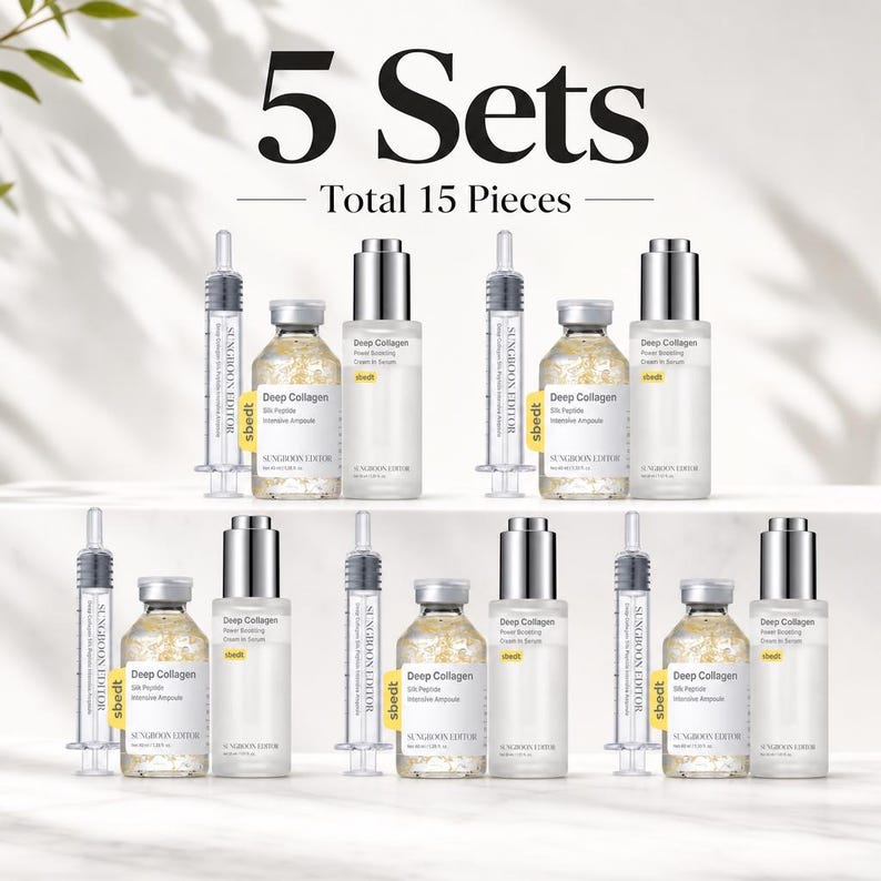 May include: A collection of 5 sets totaling 15 pieces of Sungboon Editor Deep Collagen skincare products. Each set includes a syringe-style applicator, a small bottle of Silk Peptide Intensive Ampoule, and a bottle of Power Boosting Cream in Serum.