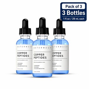 May include: Three clear glass dropper bottles containing blue liquid, labeled Asterwood Copper Peptides with Hyaluronic Acid. Each bottle is 1 fl oz. The labels list tightening, repairing, and collagen boosting. A dark blue box indicates a pack of 3 bottles.