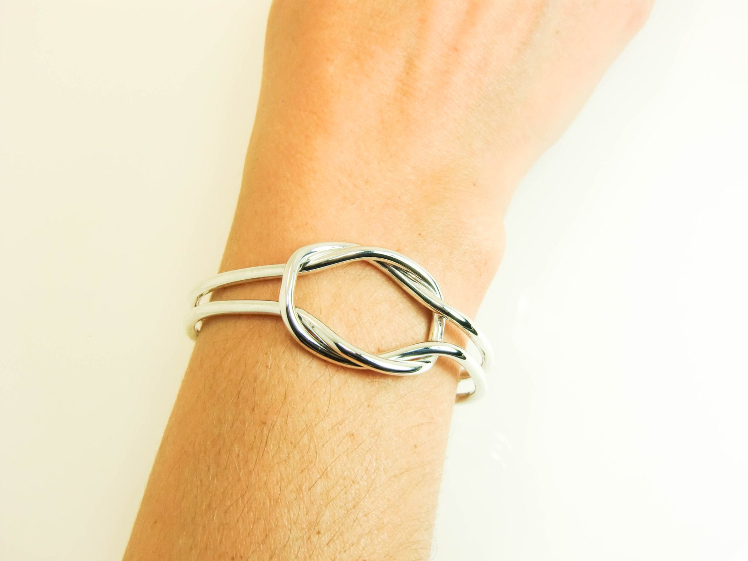 Sterling Silver Love Knot Cuff – Thick Wire Double Knot Bracelet
