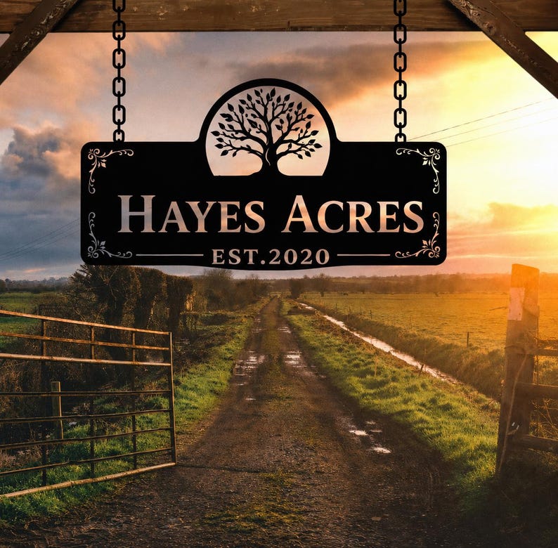 May include: A black metal rectangular sign hanging from two chains, featuring a laser-cut tree silhouette at the top, the text "HAYES ACRES" in the center, and "EST. 2020" at the bottom, with decorative scrollwork accents on the left and right sides.