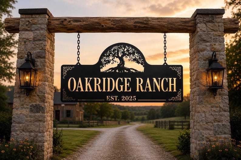 May include: A black metal sign hanging from chains between two stone pillars. The sign features a cutout of an oak tree at the top, the text OAKRIDGE RANCH in gold lettering, and the text EST. 2025 below it, with decorative scrollwork on the sides.