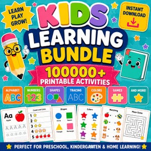 May include: A digital graphic for a kids learning bundle featuring a cartoon pencil and book, with text reading KIDS LEARNING BUNDLE 100000+ PRINTABLE ACTIVITIES. Includes icons for alphabet, numbers, shapes, tracing, colors, games, and sample activity sheets.