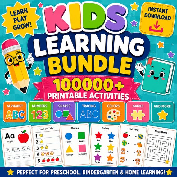 100000+ Kids Learning Bundle Printable Worksheets, Preschool Activity Pack, Homeschool Curriculum, Kindergarten PDF Download