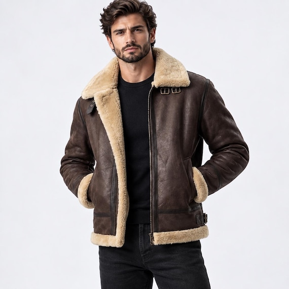 Men's Brown Shearling Leather Jacket, B3 Aviator Bomber Jacket, Real Leather Winter Coat, Fur Collar Flight Jacket