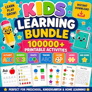 May include: A digital graphic for a kids learning bundle featuring a cartoon pencil and book, with text reading KIDS LEARNING BUNDLE 100000+ PRINTABLE ACTIVITIES. Includes icons for alphabet, numbers, shapes, tracing, colors, games, and sample activity sheets.