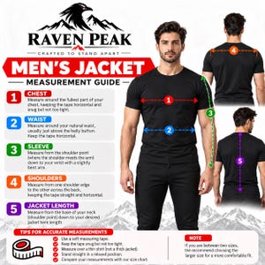 Puede incluir: Una gu&iacute;a de medidas Raven Peak para una chaqueta con una persona en camiseta negra y pantalones negros. El gr&aacute;fico incluye cinco puntos numerados que indican las medidas de pecho, cintura, manga, hombros y largo de chaqueta.