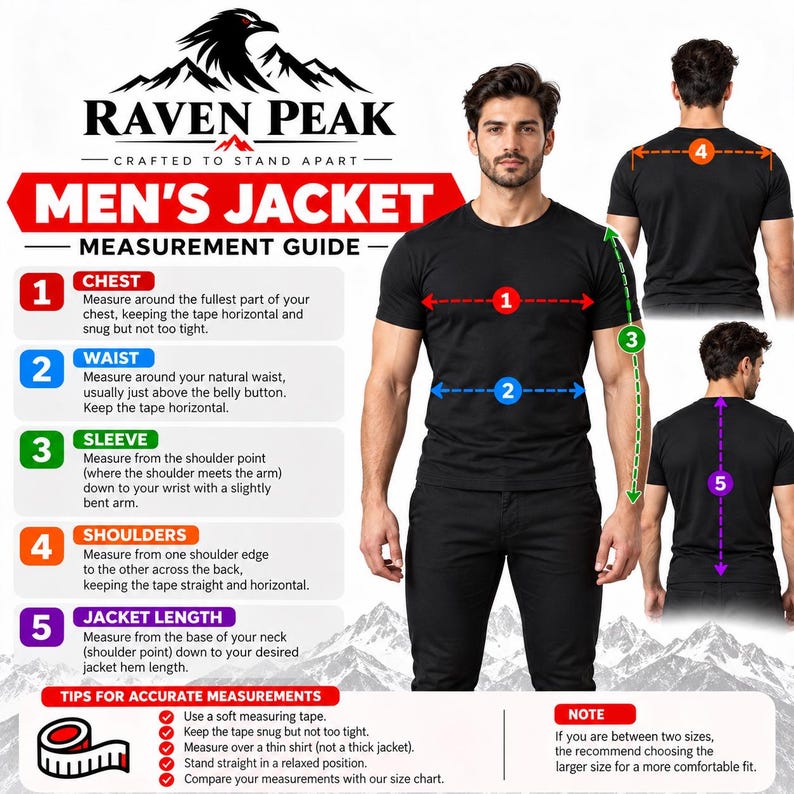 Puede incluir: Una gu&iacute;a de medidas Raven Peak para una chaqueta con una persona en camiseta negra y pantalones negros. El gr&aacute;fico incluye cinco puntos numerados que indican las medidas de pecho, cintura, manga, hombros y largo de chaqueta.