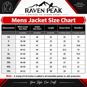 Puede incluir: Una tabla de tallas de chaqueta Raven Peak en blanco y negro con detalles en rojo. La tabla enumera medidas en pulgadas para tallas de XS a 5XL, incluyendo pecho, talla de chaqueta, largo, manga y hombros. Texto: 'Mens Jacket Size Chart'.