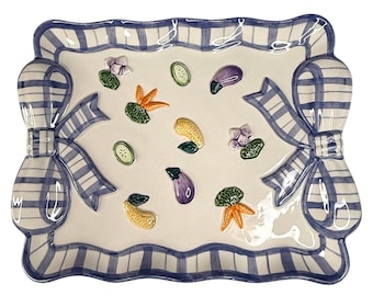 Vintage Fitz & Floyd Petits Veg Canape Gemüsetablett mit blauer Schleife, toskanisches Dekor, '94