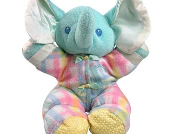 Peluche de elefante Playskool Snuzzles vintage RARO de los años 90, azul a cuadros, satén, color pastel