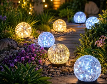 Tuinverlichting met crackle glazen bol op zonne-energie, set van 2 led-bollampen voor buiten, waterdichte pad- en gazonverlichting, tuindecoratie, terraslandschap.