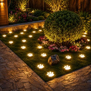 May include: A series of illuminated paw print-shaped garden lights embedded in a green lawn. Each light emits a warm, bright glow, creating a trail of glowing animal tracks across the grass near a large, rounded shrub and stone.