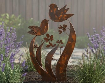 Rustic Metal Bird Garden Sculpture, Garden Art Ornament - Garden Stake for Yard Lawn, Metal Decor for Planters