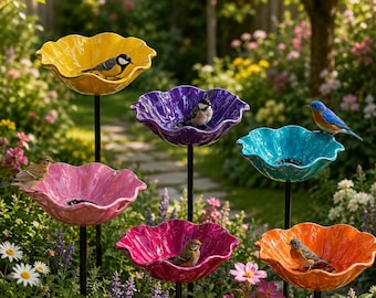 Blomformat fågelbadsstång i keramik, fågelmatare med blommotiv, fågelvattenskål för utomhusbruk, trädgårdsdekoration för fåglar, pollinatörvänlig trädgård.