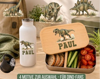 Personalisierte Brotdose & Trinkflasche mit Name | Lunchbox Dinosaurier | Edelstahl Brotdose | Schulset Junge I Geschenk Einschulung Jungen