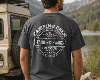 Personlig campingfamilje-T-shirt | Familjesemestertröja med namn | Campingbesättningströja | Husvagnssemester | Campingfamiljepresent