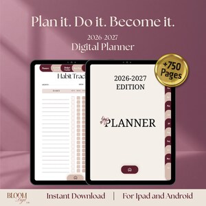 Peut inclure: Un agenda numérique 2026-2027 affiché sur deux écrans de tablette. L'interface comprend un suivi d'habitudes, des onglets mensuels et un bouton d'accueil. Le texte indique Plan it. Do it. Become it., 2026-2027 EDITION, PLANNER et +750 Pages.