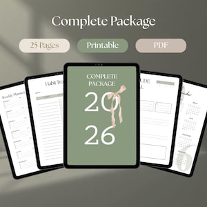 Peut inclure: Un ensemble de planificateurs numériques avec une couverture 2026 ornée d'un ruban beige sur fond vert sauge. L'affichage présente plusieurs pages dont un agenda hebdomadaire, un suivi d'habitudes, un journal de gratitude et un calendrier PDF.