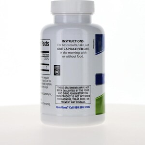 May include: A white plastic supplement bottle with a screw-top lid. The label features black text including INSTRUCTIONS: For best results, take just ONE CAPSULE PER DAY, in the morning, with or without food, and a phone number 888.565.5385.