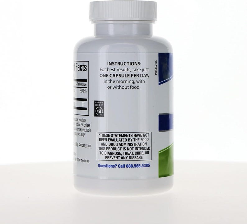 May include: A white plastic supplement bottle with a screw-top lid. The label features black text including INSTRUCTIONS: For best results, take just ONE CAPSULE PER DAY, in the morning, with or without food, and a phone number 888.565.5385.
