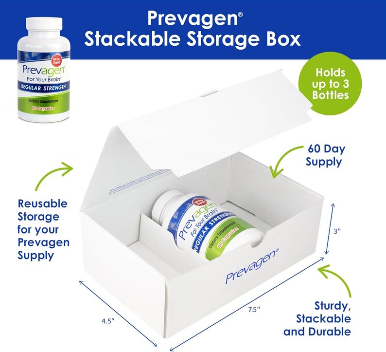 May include: A white Prevagen stackable storage box with a hinged lid, measuring 7.5 inches by 4.5 inches by 3 inches. The box contains one bottle of Prevagen Regular Strength dietary supplement. The exterior features the Prevagen logo in blue text.