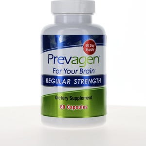 May include: A white plastic bottle of Prevagen dietary supplement capsules with a white screw-top lid. The label features blue and green accents, with text reading Prevagen For Your Brain, Regular Strength, 60 Day Supply, and 60 Capsules.