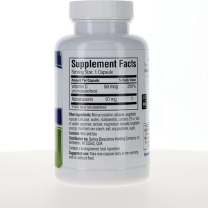 May include: A white plastic supplement bottle with a screw-top lid featuring a Supplement Facts label. The label lists Vitamin D 50 mcg and Apoaequorin 10 mg per capsule, with ingredients including microcrystalline cellulose, milk, and soy.