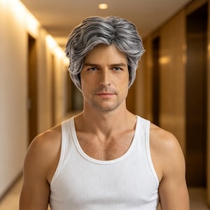 May include: A short, wavy, silver-gray wig with a natural-looking texture and layered cut. The hair is styled with volume at the crown and sides, featuring a blend of light and dark gray tones that create a realistic, multi-dimensional appearance.