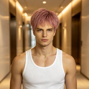 Aangepaste labels, roze korte gelaagde herenpruik, natuurlijk synthetisch haar, hittebestendig, dagelijks gebruik cosplay feestpruik