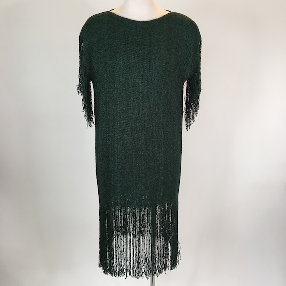 Vintage 1980s handmade green knit fringe dress