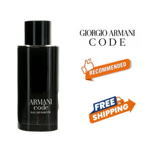May include: A black rectangular bottle of Armani Code Eau de Parfum with a black cap. The bottle has the words "Armani Code" and "Eau de Parfum" printed on it. The words "Giorgio Armani Code" are also visible.