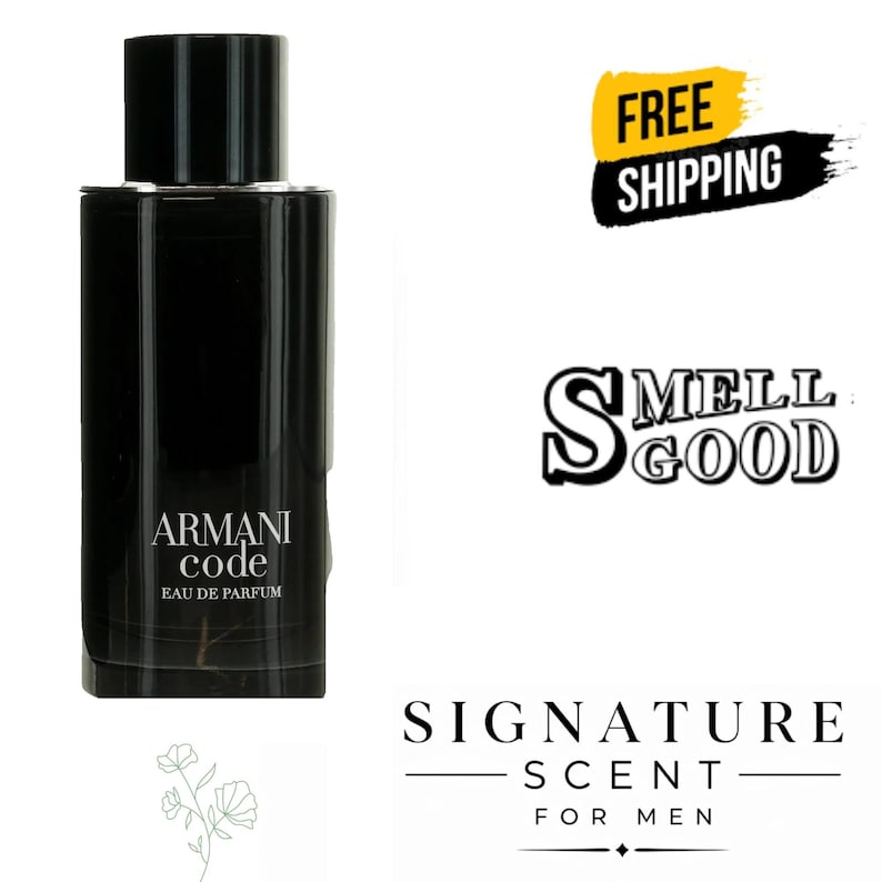 May include: A black rectangular bottle of Armani Code Eau de Parfum. The bottle has a black cap and the brand name is printed in white. The image also includes the text "Smell Good" and "Signature Scent For Men".