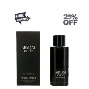 May include: Black Armani Code Eau de Parfum bottle and box. The bottle is a dark, rectangular shape with a black cap. The box is black with the Armani Code logo and Giorgio Armani branding. The text "EAU DE PARFUM" is visible.