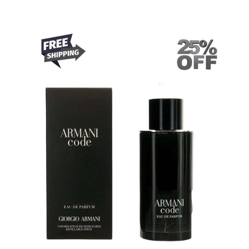 May include: Black Armani Code Eau de Parfum bottle and box. The bottle is a dark, rectangular shape with a black cap. The box is black with the Armani Code logo and Giorgio Armani branding. The text "EAU DE PARFUM" is visible.