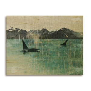 Orca whales art print on wood, mountains / ocean / nature / wildlife art